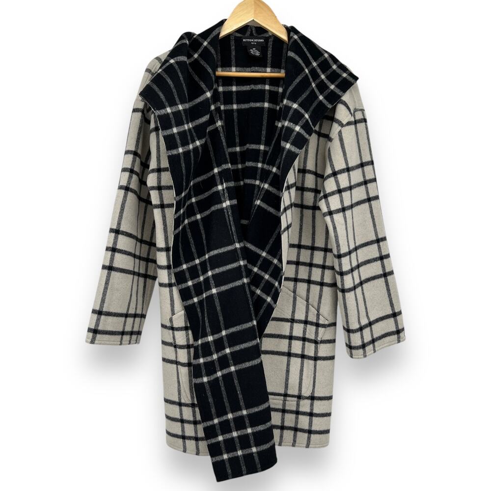 Sutton Studio Petite Window‎ Pane Plaid Wool Reversible Coat Women's 10 P Black